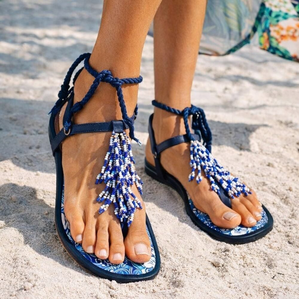 Farm Rio Blue Beaded Flat Lace Up Sandals White Vacation Size 6 NEW WITHOUT BOX